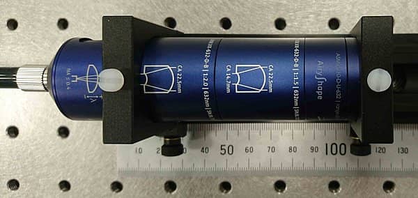 Abbildung 7) Experimenteller Aufbau bestehend aus den folgenden Komponenten: a|AspheriColl, zwei a|BeamExpander, a|AiryShape und einer Fokussierlinse (f = 200 mm).