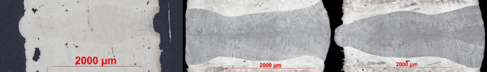 Figure 3: Welded with Gaussian beam (left), top-hat (middle) and donut (right). The increase in process stability led to a homogeneous weld bead and expansion.